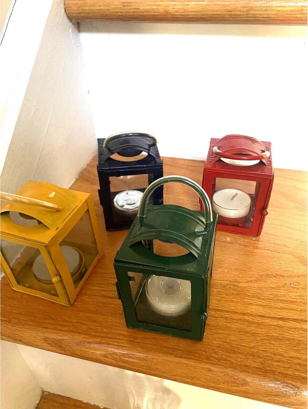 Set of 4 Small Decorative Metal Lanterns with Glass Panels